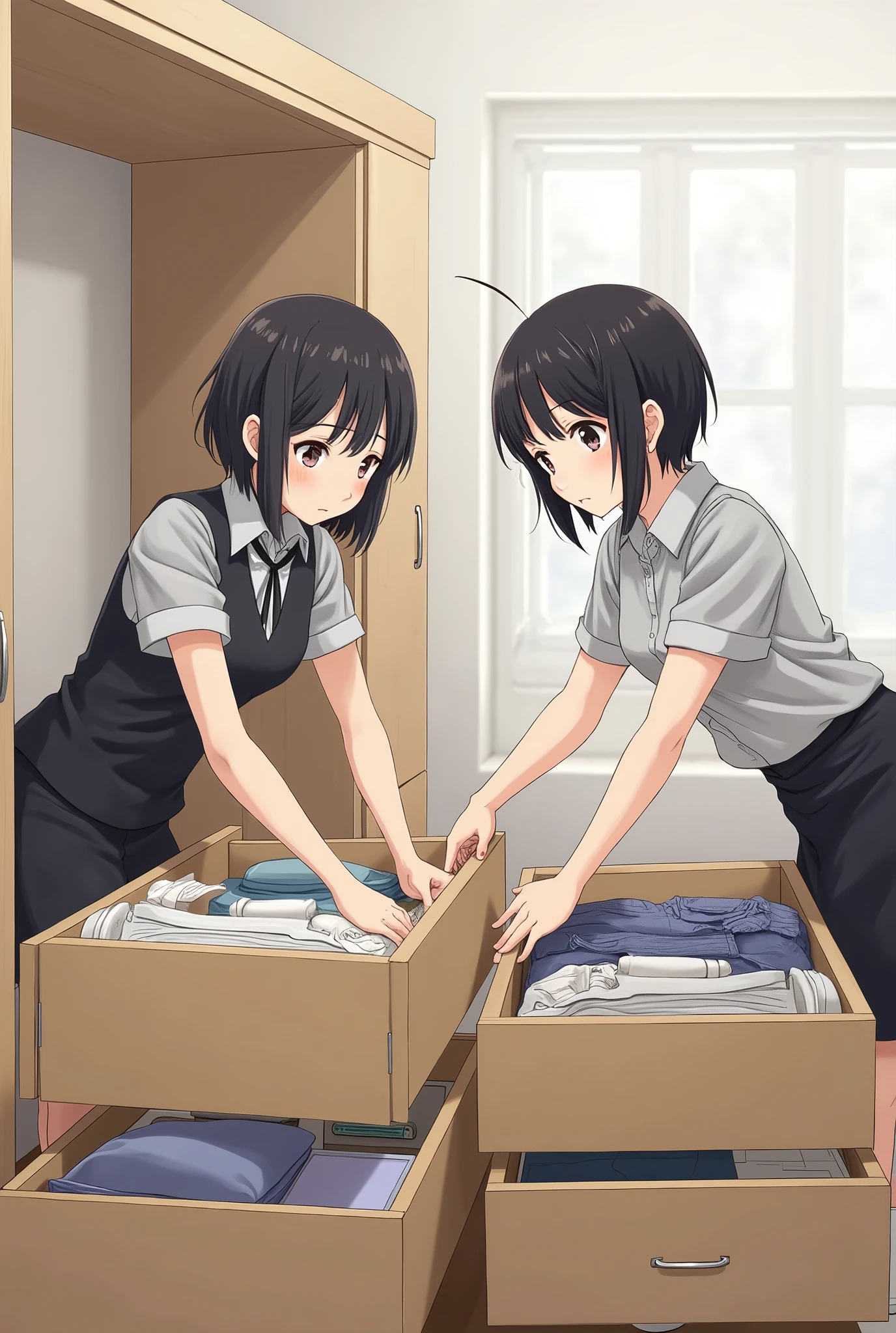 High resolution、Super detailed、Two Japanese women with short hair are sorting out the drawers in a room.。