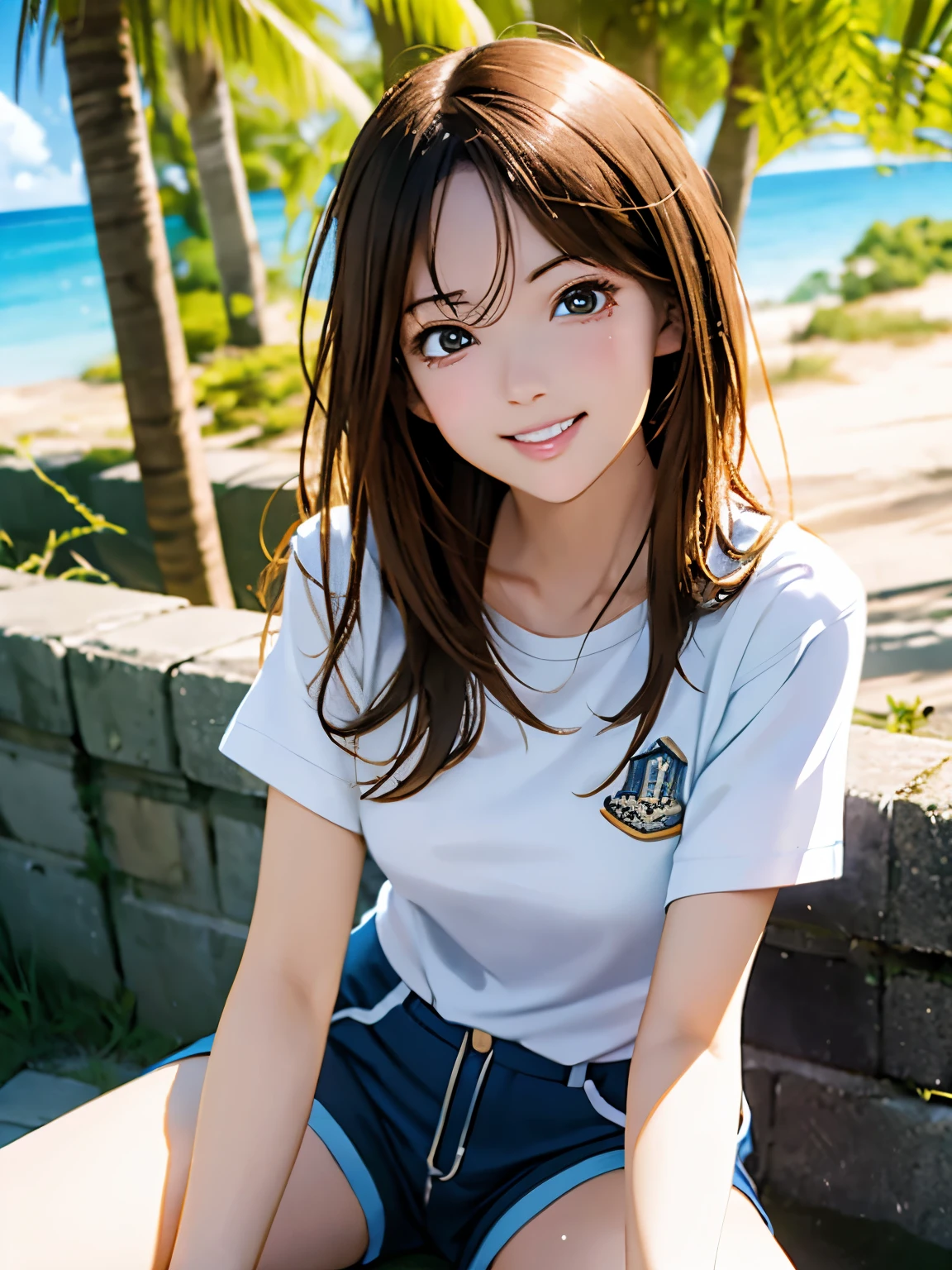 High resolution, 8k, Highest quality, detailed, Semi-realistic anime, Anime 3D Style, Smooth anime CG, One Girl, A 20-year-old Japanese woman, slim, Modeled, Shiny brown hair, detailedな顔, Beautiful and detailed, Glowing Skin, Hard Focus、Film Grain, Soft lighting, Looking at the audience, Laughter, (Woman wearing a marine style shirt and shorts), A cliff with a blue sea、An island in the distance々