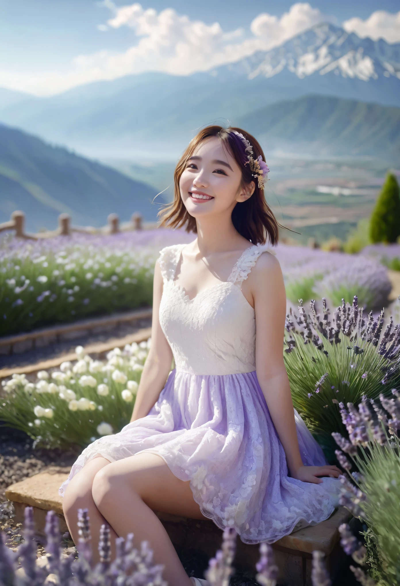 1girl,lavender,white short dress,lace dress,smile,flower garden,full body,sitting,mountains in the distance,light particles,(Depth of field,cinematic angle,cinematic lighting:1.2),blurry background,blurry foreground,(masterpiece:1.2),(best quality:1.2),(very aesthetic:1.2),(absurdres:1.2),(detailed background),newest,intricate details