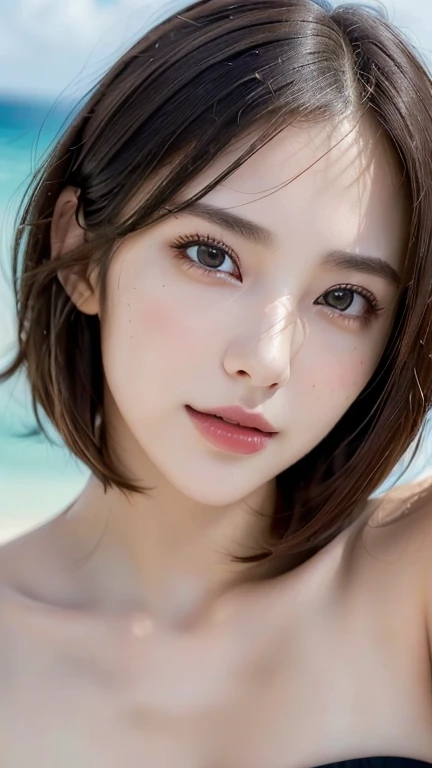 (Realistic:1.4),(8k),(RAW Photos),(Highest quality),(masterpiece:1.2),(One Woman),(Ultra-realistic faces),(Super beautiful face),(Very detailed),(Slender body),Detailed skin, Realistic Skin Tones,Ultra short hair beach,bikini,