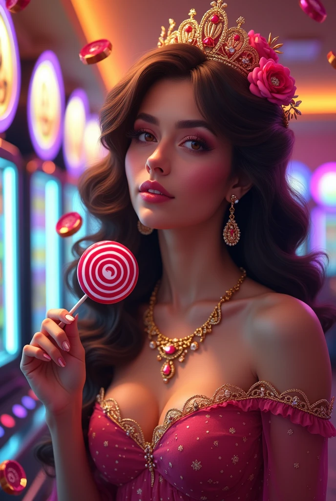 An elegant woman with voluminous, curly hair, wearing a flower-decorated tiara and a vibrant necklace. She stands in front of colorful slot machines in a festive casino setting., holding a striped lollipop. The background has balloons and floating coins, with a cheerful and colorful atmosphere, highlighting the casino theme with bright lights and gold accents. Text 'BiaJ777' in vibrant cursive font in front of image.
