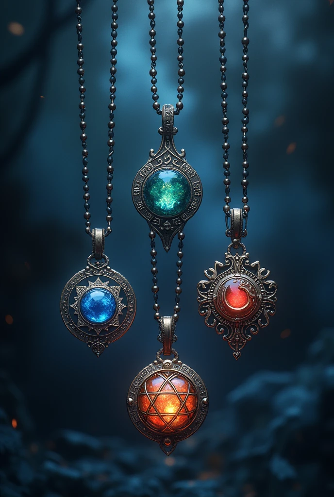 (Photorealism: 1.2), 5 amulets, many separate talismans, Wicca, Star of David, Tetragrammaton, Turkish eye, powerful pendant style, deep blue and silver color, mystical looking straight ahead, suspended.
