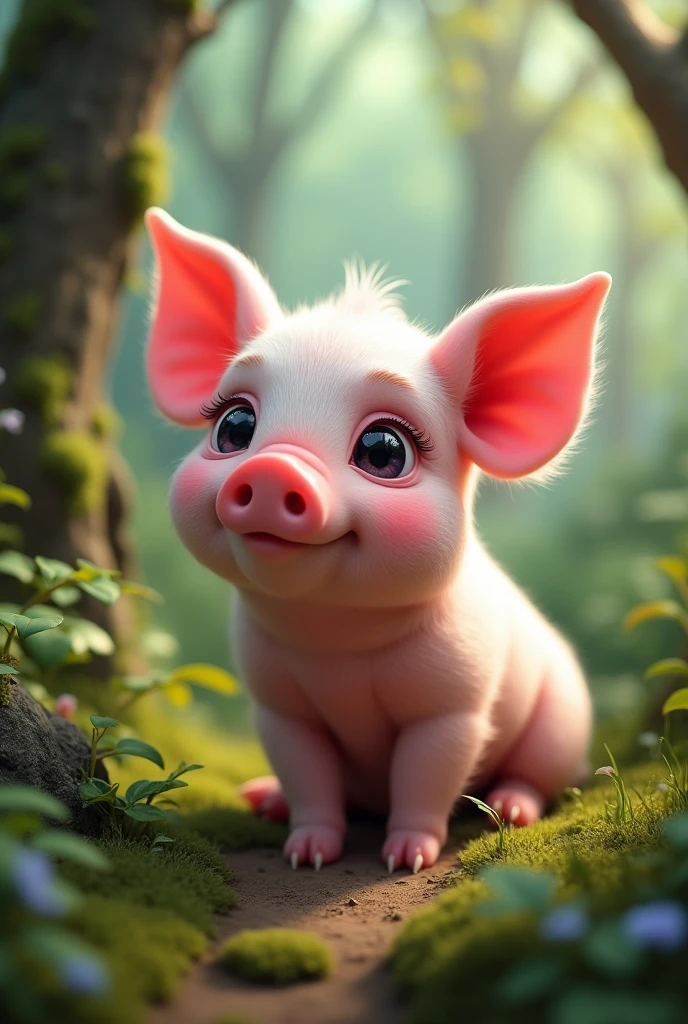 detailed pink pig, 1 baby pig, cute, small, forest background, 10cm size, mythical world, (best quality,4k,8k,highres,masterpiece:1.2),ultra-detailed,(realistic,photorealistic,photo-realistic:1.37),hyper realistic, Disney