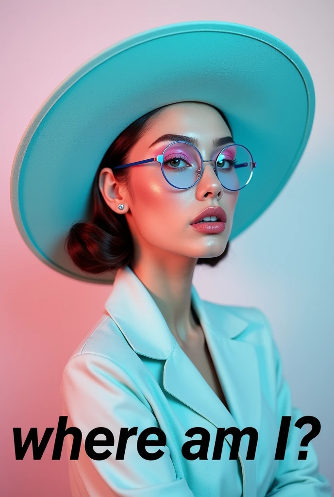 A photo of a lady wearing blueish glasses. Her eyes and lips are pinkish, and she has pastel pinkish eye shadow. She is wearing a fashion big hat in aqua blue color. Across the bottom of the photo across the flesh in ver bold black text says "ideogram 2.0, where am I?” Across the bottom of the photo is clearly visible to the viewer.