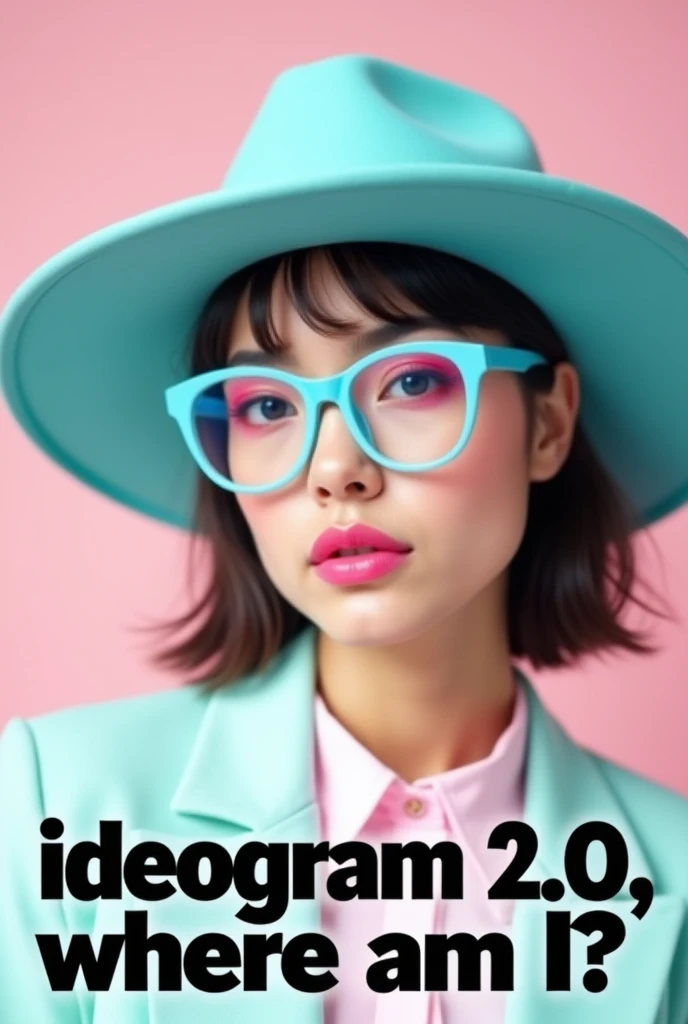 A photo of a lady wearing blueish glasses. Her eyes and lips are pinkish, and she has pastel pinkish eye shadow. She is wearing a fashion big hat in aqua blue color. Across the bottom of the photo across the flesh in ver bold black text says "ideogram 2.0, where am I?” Across the bottom of the photo is clearly visible to the viewer.