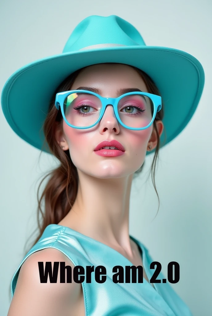 A photo of a lady wearing blueish glasses. Her eyes and lips are pinkish, and she has pastel pinkish eye shadow. She is wearing a fashion big hat in aqua blue color. Across the bottom of the photo across the flesh in ver bold black text says "ideogram 2.0, where am I?” Across the bottom of the photo is clearly visible to the viewer.