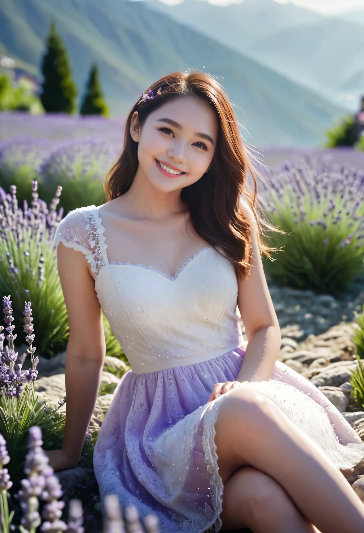 1girl,lavender,white short dress,lace dress,smile,flower garden,full body,sitting,mountains in the distance,light particles,(Depth of field,cinematic angle,cinematic lighting:1.2),blurry background,blurry foreground,(masterpiece:1.2),(best quality:1.2),(very aesthetic:1.2),(absurdres:1.2),(detailed background),newest,intricate details
