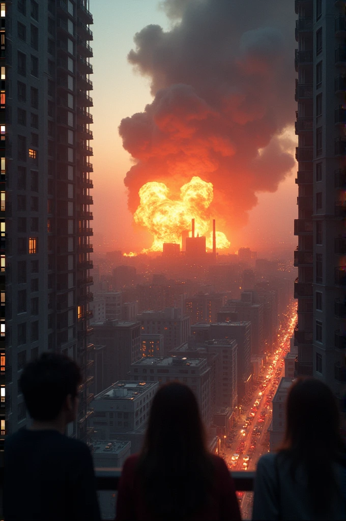 An explosion and fire at a local power plant can be seen from a multi-story building. A typical evening in the city