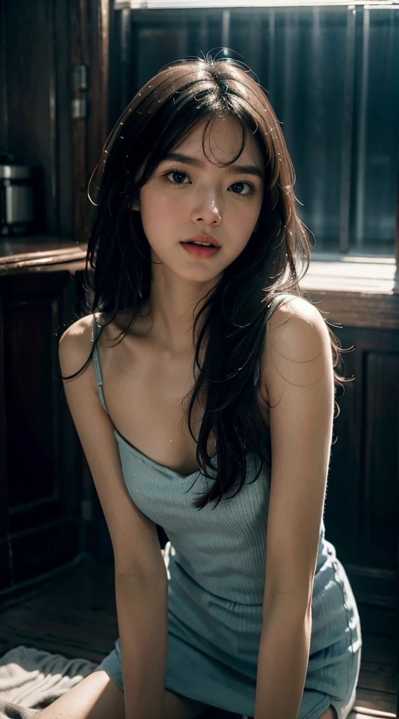 a beautiful detailed portrait of a teenage girl with long black hair, exquisitely detailed eyes and face, bangs, sunlight and cinematic lighting creating a warm and glowing effect, a white low-cut dress with small blue details, her body positioned symmetrically and balanced, facing directly at the viewer, elegant and princess-like with a sense of wonder and bioluminescence, highly detailed, 8K resolution, approaching perfection, concept art style.