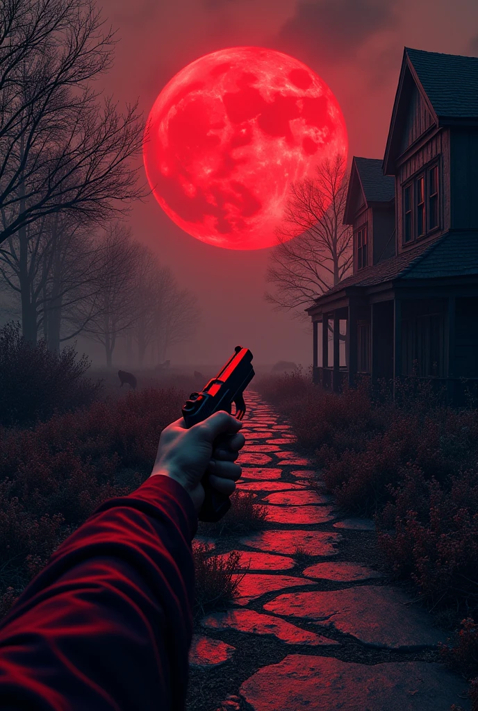 FIRST PERSON POSPECT with an arm holding a pistol, garden of an old residence, at night, a blood-colored moon, wolves kill you