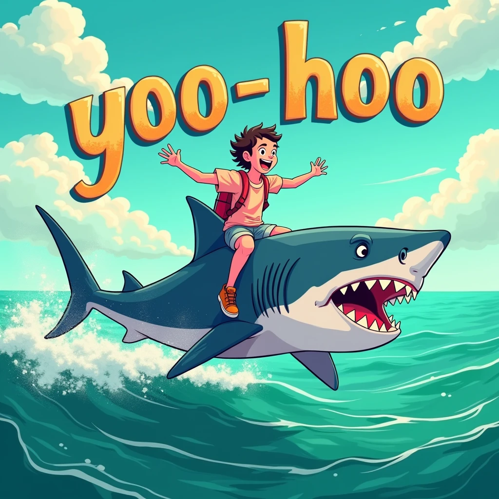 Person riding a shark in a vibrant emerald green sea, with a bright and cheerful sky, white fluffy clouds, and the text ‘Yoo-hoo’ in a playful, whimsical font. The scene should have a fun and humorous vibe.