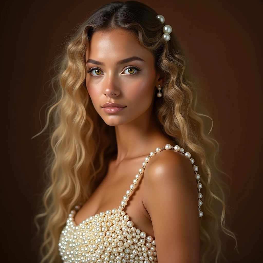 Toffee color skin, beautiful toffee mixed woman with long blond curly and extremely detailled clear yellow eyes, extremely face detailed, she wears beautiful she does a magnificent photo shoot ,she has a beautiful top made of white pearl, top made of pearls, she is beautiful, Chocolate brown background, She wears beautiful pearls in her hair
