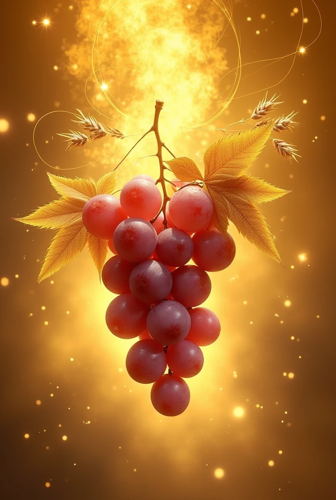 fancy, detailed, award-winning photo, UHD, 8k, realist, a bunch of grapes, mystic, divine, stem down. golden background, golden background light, It branches into green laurel leaves, small leaves, estate, wheat leaves, golden aura, celestial, golden steam, floating, grapes own light, bay leaves. golden steam oro.