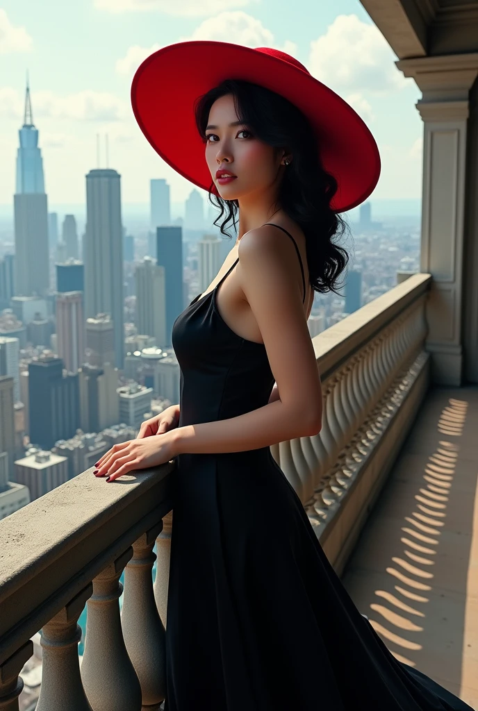 beautiful girl in black dress standing in red hat on balcony overlooking city