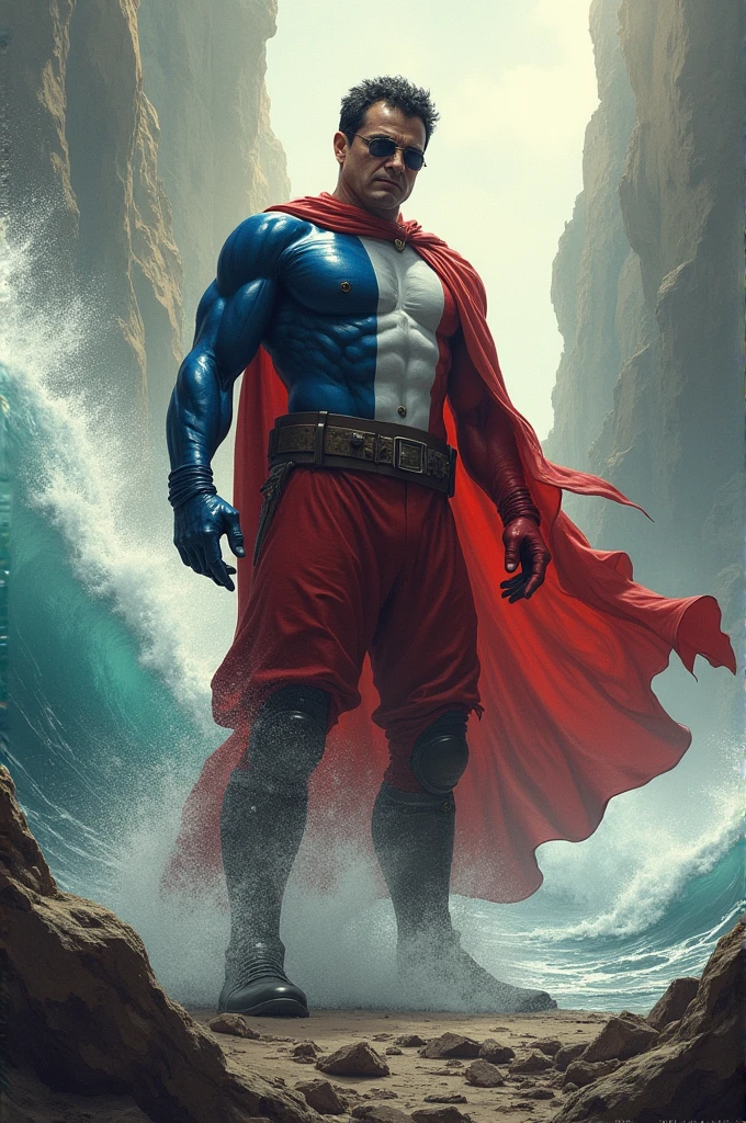 Make an image of a Chilean hero with his clothes in the colors of the flag, with the face of Pinochet (dictator) and him have earthquake powers and tsunami
.