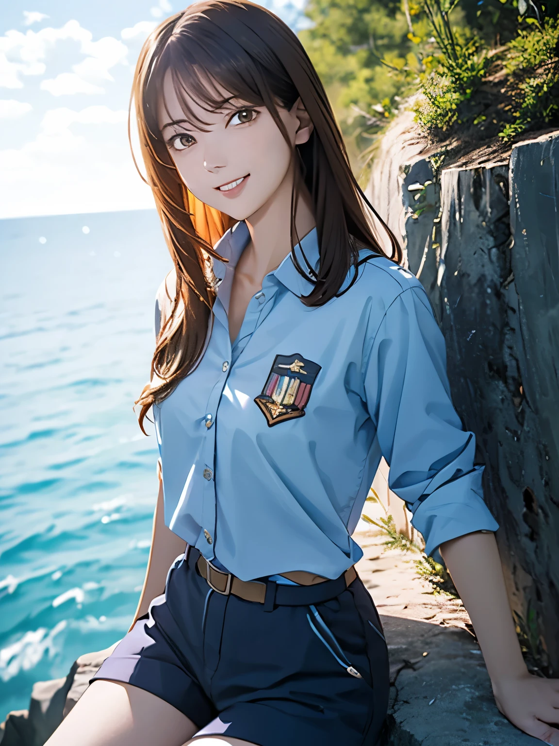 High resolution, 8k, Highest quality, detailed, Semi-realistic anime, Anime 3D Style, Smooth anime CG, One Girl, A 20-year-old Japanese woman, slim, Modeled, Shiny brown hair, detailedな顔, Beautiful and detailed, Glowing Skin, Hard Focus、Film Grain, Soft lighting, Looking at the audience, Laughter, (Woman wearing a marine style shirt and shorts), A cliff with a blue sea、An island in the distance々