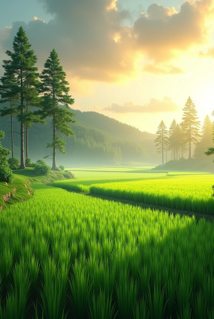 Make me a view of fertile rice fields and pine trees