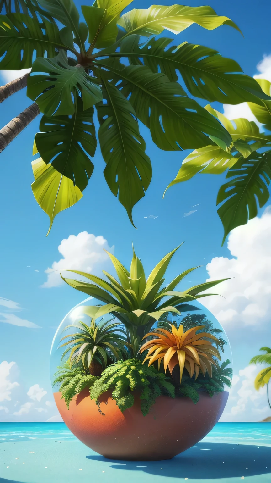 Ultra-realistic scenes, Parallel world, God-like tropical exotic plants, cult, Tropical flowers, Unusual art, Unique art, Summer blue sky background, sunlight, bright sunlight, Blender, Product Rendering, High quality 8K. 
