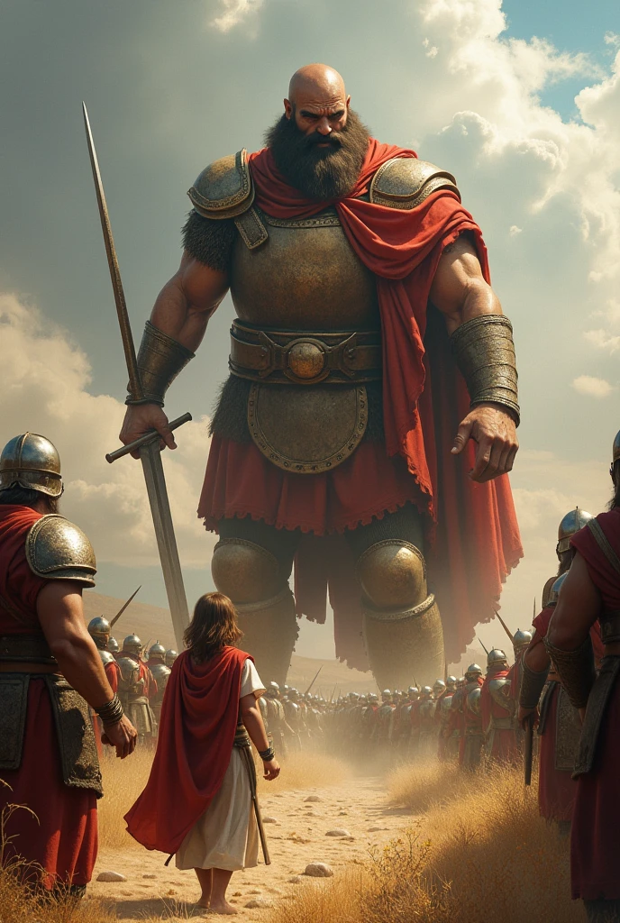 Davi e goliath. Uma batalha entre o jovem pastor Davi e o gigante guerreiro filisteu goliath. goliath, confident in his strength and size, challenged the Israeli army daily. Davi, armed only with a sling and five stones, accepted the challenge. He rejected the armor offered by King Saul, trusting in God for your protection. When the battle began, David quickly slung a stone with his sling, acertando goliath na testa. The giant fell dead, e Davi cortou sua cabeça com a espada de goliath, bringing victory to the people of Israel.