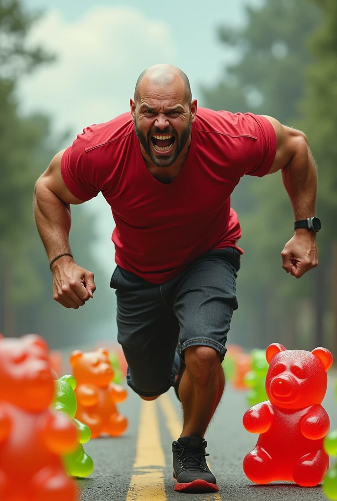 "Create an exaggerated, hyper-realistic image of a muscular man with a scary face resembling a famous actor known for his bald head, wearing a red t-shirt,  struggling and running on road  The large and big different colors gummy bears 
 dangerous smiling and hola that man




