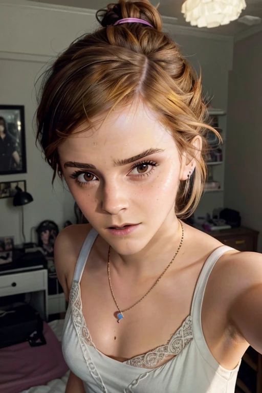 RAW photo, photograph of a (((Emma Watson))) 31years old woman, (detailed facial features), gorgeous face, standing in her messy bedroom, pale skin, wearing eyeliner, (high detailed skin:1.2), pastel goth, scene hair, teased hair, wearing bracelets, wearing necklace, instagram, colorized, ((detailed face)), selfie INFO