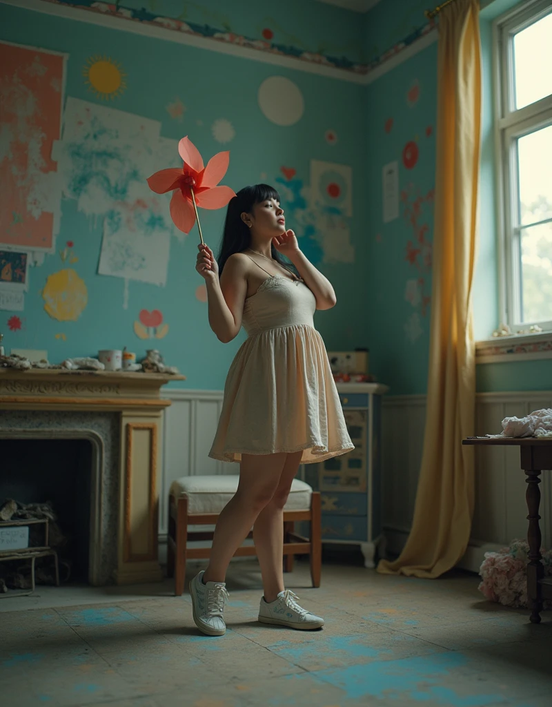 Extreme below angle with cinematic wide photo shot in messy room with murals abstract paint art, motion blur, High quality, there was a sweet kpop idol woman with a moody expression, she blew the paper windmill, real moment, in strapless dress, sneakers, open legs, (chubby:1.2), bangs hairstyle, panties, natural dark lighting, windy, perfect shadow, poetic style photography, intricate pose, ultra realistic object, ultra highly detailed, realistic face and eyes, real skin, sharp focus, shot by nikon z6, kodacrhome looks, original photo