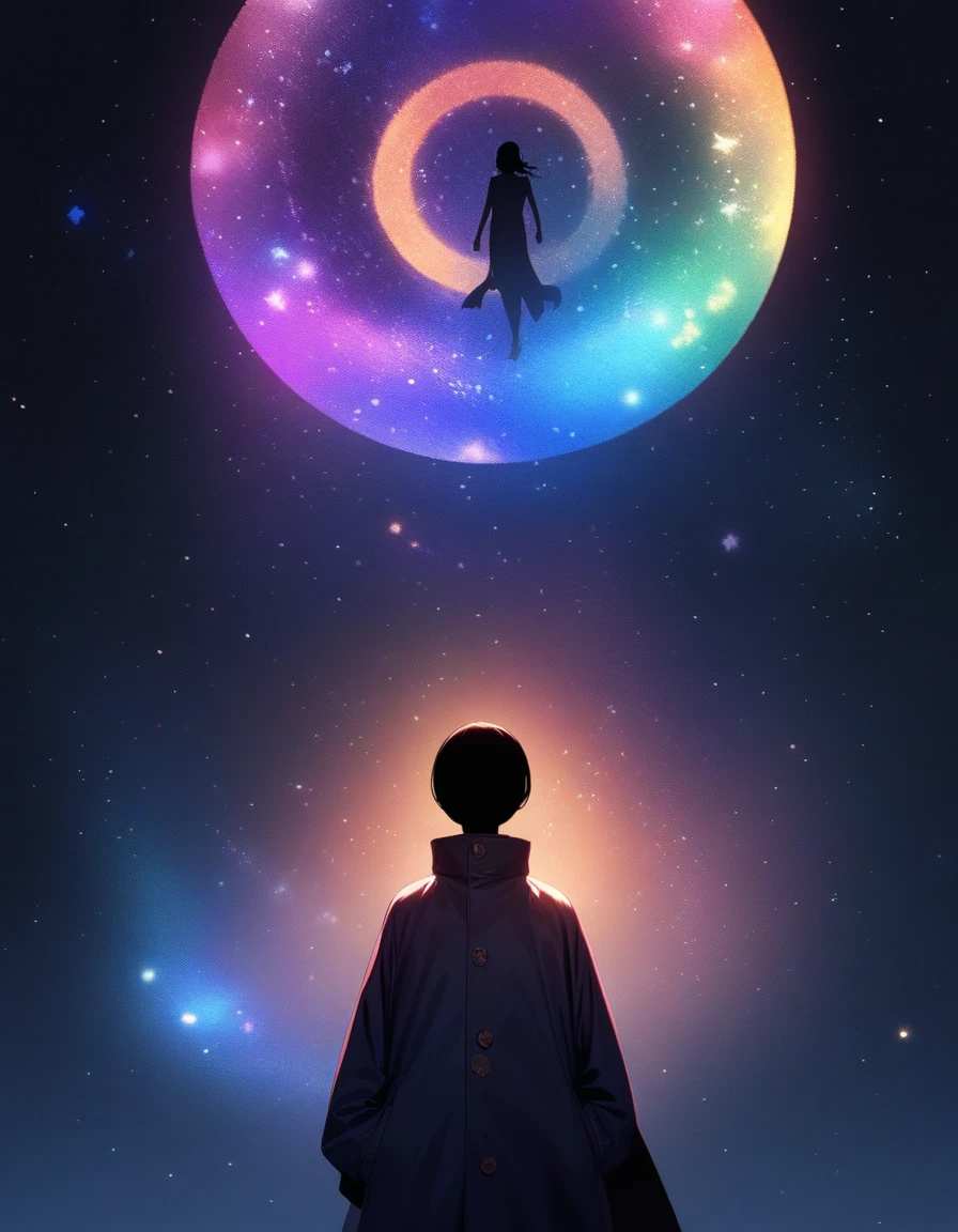 8k,非常に精細なCGユニットのwallpaper, masterpiece,High resolution,Highest quality,Highest quality real texture skin,Surreal,Increase the resolution,RAW Photos,Highest quality,Very detailed,wallpaper,Cinema Lighting,Ray-tracing,Golden Ratio, break ,Many stars shine beautifully in the winter night sky., Long exposure of the starry sky、Many circular orbits are visible in the image., I put my hands in my coat pockets and look up at the stars、Cute young woman silhouette, Photo taken from a distance, Picture below, Beautiful kaleidoscope-like multiple exposures overlapping each other,sitters_komeiji