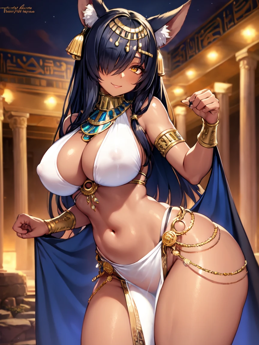 (SLE, mksks style, detailed background:1.1), (solo:1.3), mature, woman, (dark skin:1.3), ornate egyptian outfit, long hair, black hair, beautiful hair, hair over eye, yellow_eyes, voluptuous body, happy, portait, head tilt, volumetric lighting, (outdoor:1.3), egyptian house, colorful, large breasts, nice hips, female anubis, egyptian clothes, egyptian mythology, see-through (white silk), mature, milf, 30 years old, lewd outfit, nipple bulge in top, see-through pelvic curtain, jackal ears, voluptuous, nice hips, nice thighs,