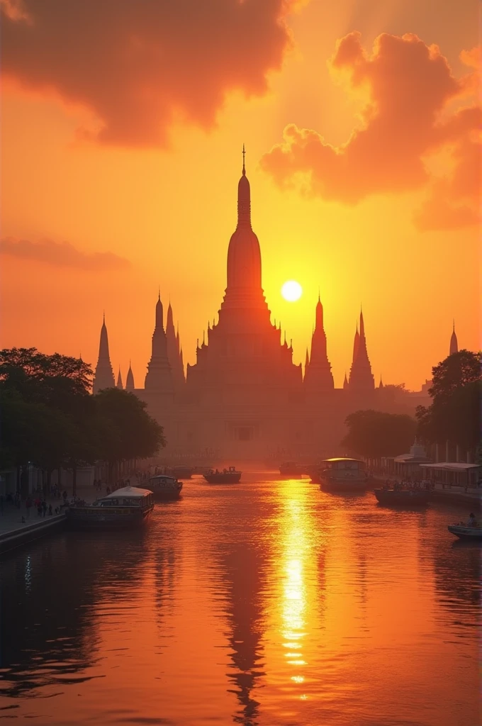 A majestic view of Wat Arun (Temple of Dawn) in Bangkok at sunset, with the temple's intricate architecture glowing against the orange sky. Boats floating on the Chao Phraya River, with reflections of the temple on the water, create a serene atmosphere.