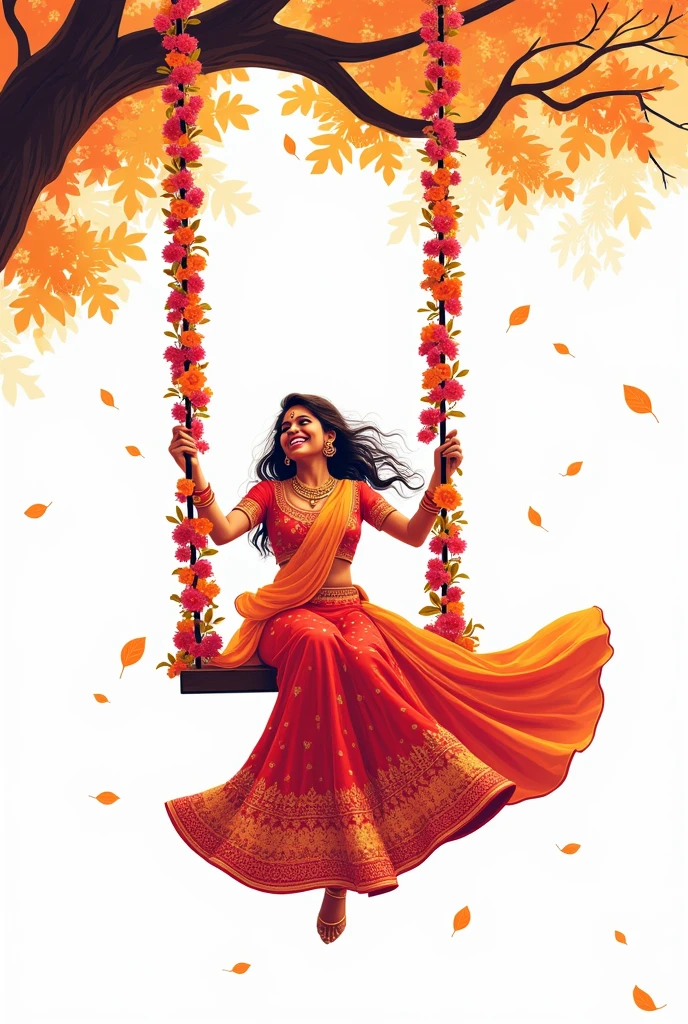 One teej vector image bride in lehenga women ready swinging hanging in a tree with white background, decorative swing with flowers