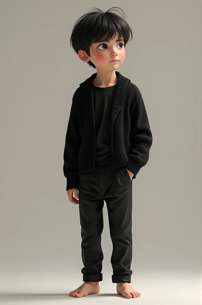 Generates an image of a boy in a black sweater, barefoot, The sweater is open and has black pants and a black shirt under the sweater.