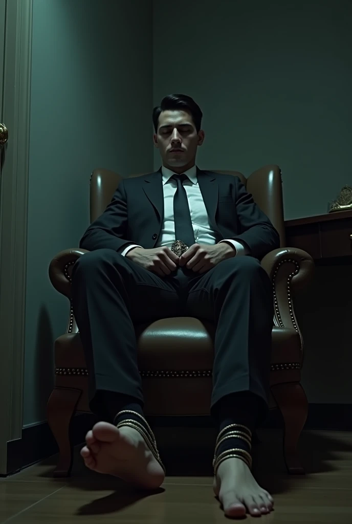 There is a handsome young Malay businessman from Malaysia named Haqiem hands,legs with black socks tied with ropes to the chair and eyes covered with cloth The kidnapper remove Haqiems shoes and tickled tourture Haqiems soles with chicken feather duster Haqiem laughed uncontrollably because his soles were being tickled