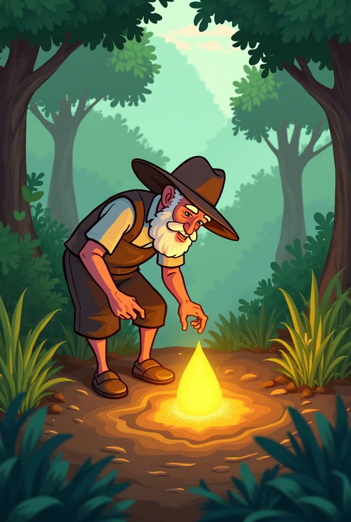 Old Farmer working in thi forest growing his field he find some golden seed cartoon