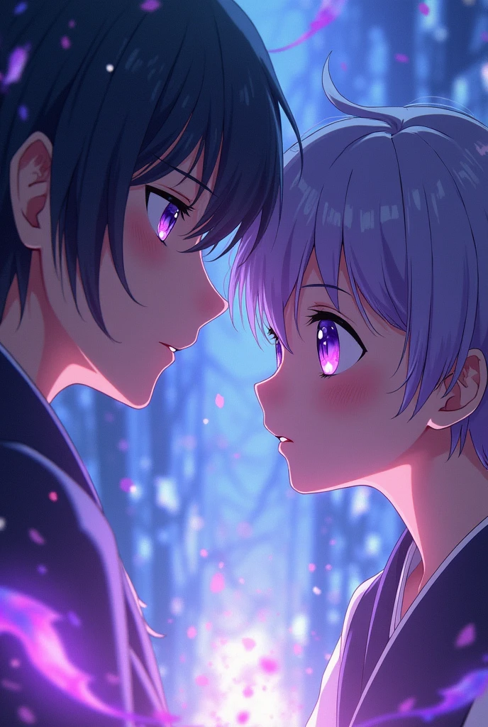 A Japanese cute boy who purple eyes and lavender hair anime met his eyes with Gojo Satoru's eyes