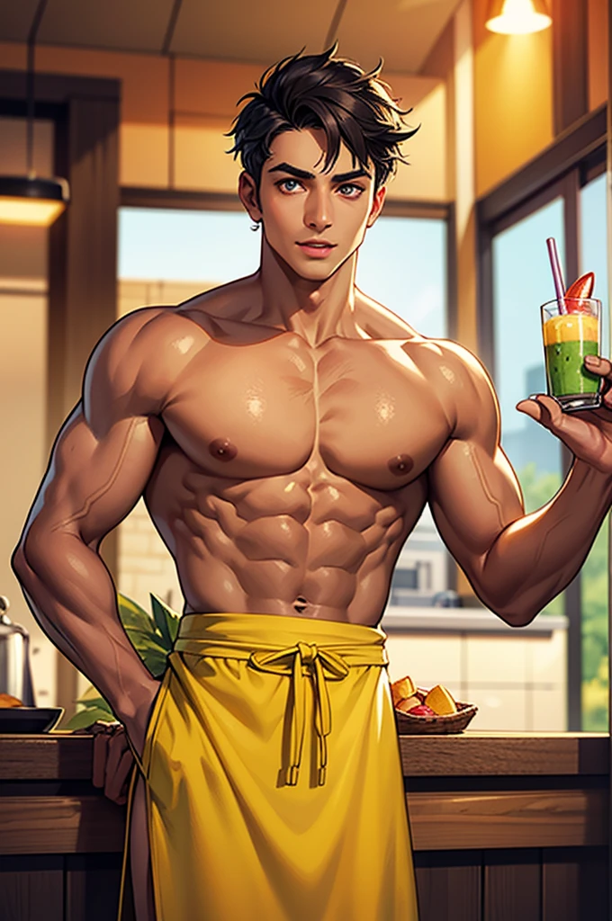 muscular male,shirtless,apron,tropical smoothie shop,handsome face,20s,nice pecs,tan skin,south asian,indian,detailed facial features,beautiful eyes,detailed lips,hyper-realistic,8k,high quality,photorealistic,dynamic lighting,vibrant colors