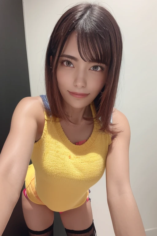 1girl, beautiful woman yellow knit tank top light yellow Panties, skinny, perfect body, defined abs, gold hair, standing in a white wall photography studio, ultra-detailed face, beautiful eyes, beautiful lips, double eyelids, shy smile, trimmed bangs, sun-kissed skin, hint of pubic hair, (best quality, 8k, masterpiece:1.3), frontal and full-body shot, pussy line, front facing, open legs