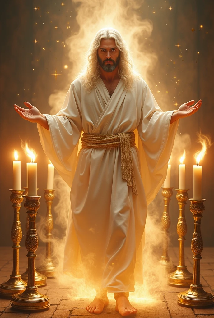 jesus, hair as white as snow, the eyes like a flame of fire, white fine linen dress, with a golden belt, the feet like shining brass as if it had been refined in a furnace, in the midst of seven golden candlesticks 
