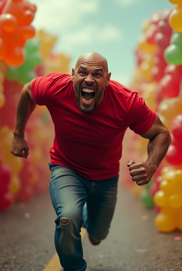 "Create an exaggerated, hyper-realistic image of a muscular man with a scary face resembling a famous actor known for his bald head, wearing a red t-shirt,  struggling and running on road  The large and very big different colors gummy bears 
 dangerous smiling and hola that man




