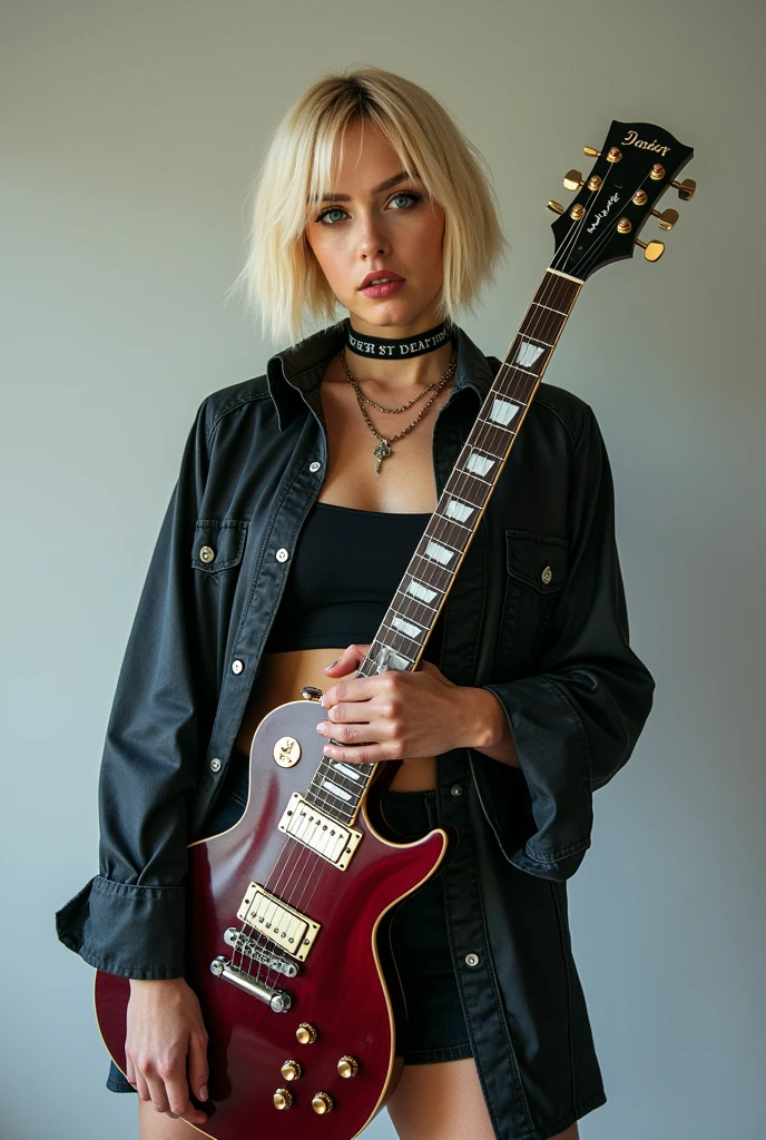 High quality picture, masterpiece, 8k, blond bobbed hair, short punk long shirt, wearing a skirt with punk design,, looking frontal and provocative, big blue eyes, colourful make-up, sophisticated description, playing electric guitar.