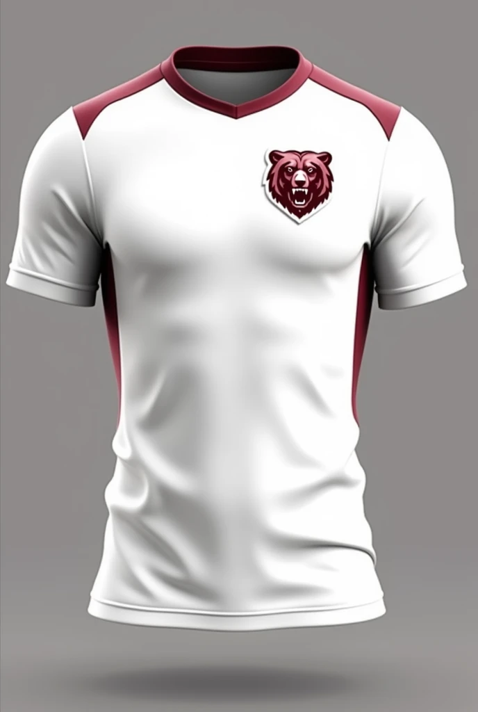 Create a white football shirt with burgundy details on the belly and a bear on the chest