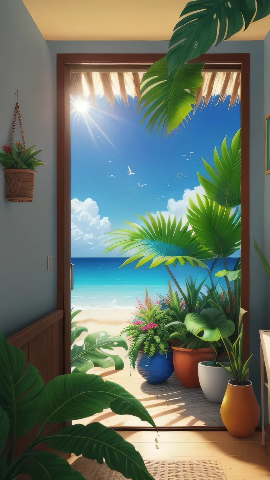 Ultra-realistic scenes, Parallel world, God-like tropical exotic plants, cult, Tropical flowers, Unusual art, Unique art, Summer blue sky background, sunlight, bright sunlight, Blender, Product Rendering, High quality 8K.