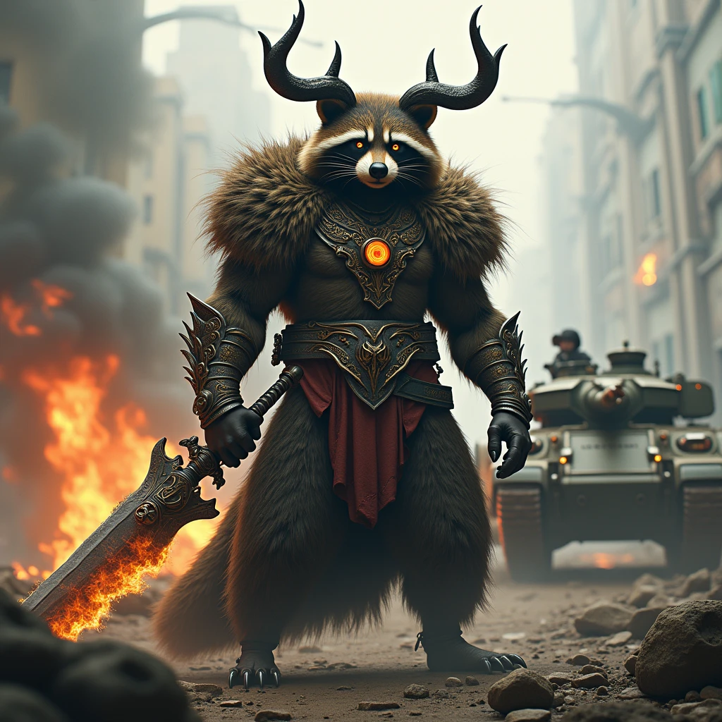 a tall, strong raccoon with flaming eyes dressed like Loki in a war zone with tanks in the background holding a powerful weapon exuding a victorious aura