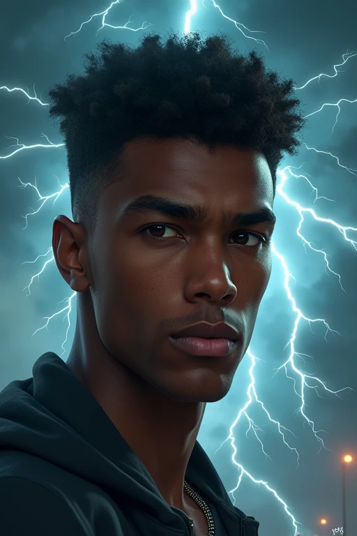 Brown-skinned young man with thunder as background
