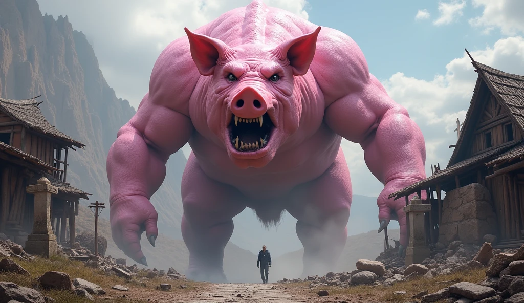 a massive pink pig, 4 meters tall, in an aggressive pose, in the ruins of a village, in a mythological world, (best quality,4k,8k,highres,masterpiece:1.2),ultra-detailed,(realistic,photorealistic,photo-realistic:1.37),monster,extremely frightening,hyper realistic