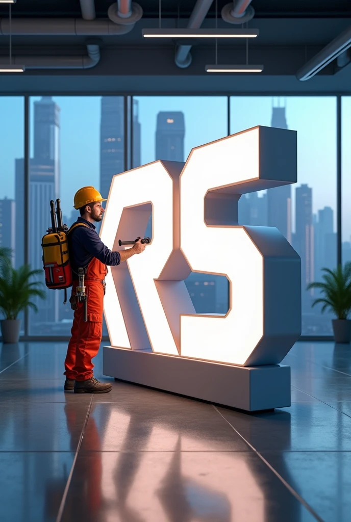 A huge professional glowing 3D logo of  KRS Electricals kept on white floor and an Engineer with power tools Standing alongside with logo in the backside a big window showcasing skyscraper