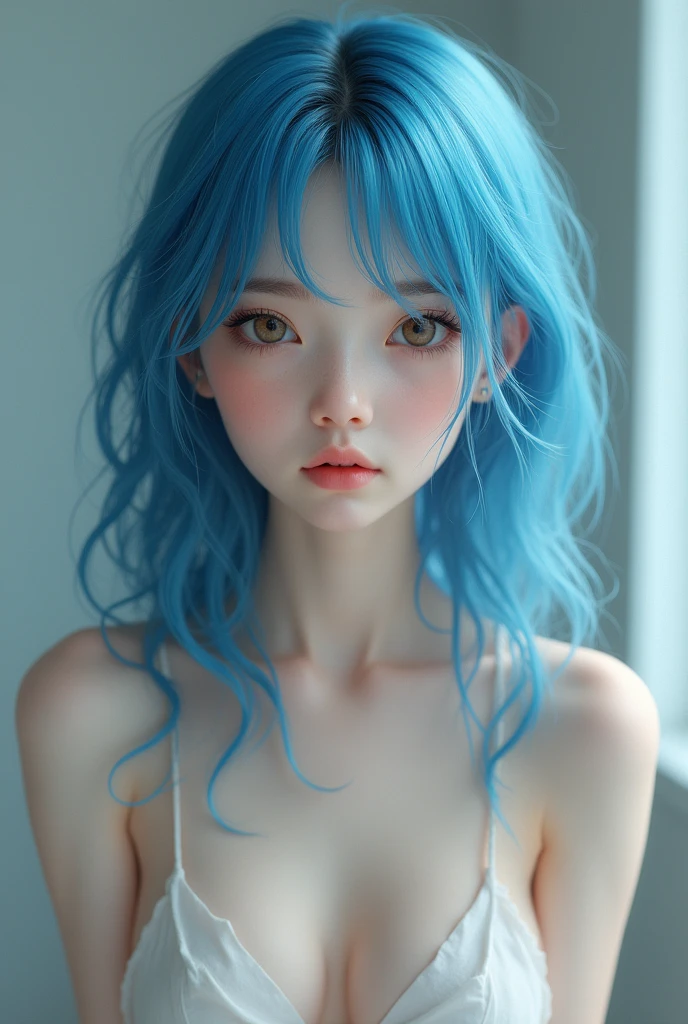 (photorealism:1.2), Beautiful young girl with blue hair,without tits and naked