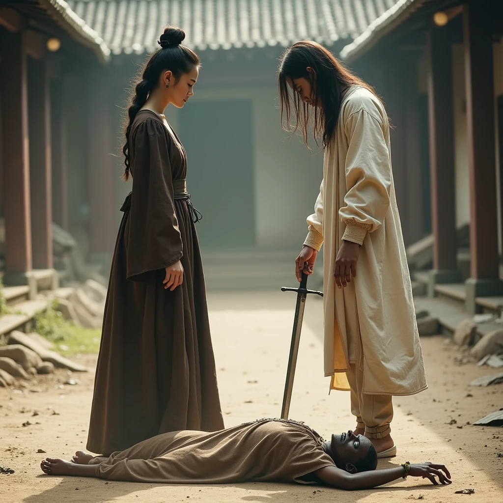 A young woman in a dark brown dress, a full-fledged official from the Han Fu Dynasty, stands next to a young man in a white cloth dress, looking down and poking a zombie lying on the ground with a sword in an abandoned courtyard. The wind blows dust all over the ground.