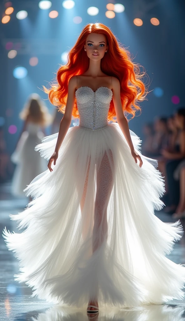 Barbie ruiva desfila elegantemente em um cenário de lo fashion deslumbrante com vestido alta lo fashion lo fashion, high lo fashion alta lo fashion, Vera Wang Haute Couture, Chanel, alta lo fashion! lo fashion!, alta lo fashion, alexander mcqueen alta lo fashion, Oscar de la Renta, dress made of feathers, white gown, How beautiful, wearing organza gown, angels in white gauze dresses, usando um white gown esvoaçante. Cenário de lo fashion deslumbrante.