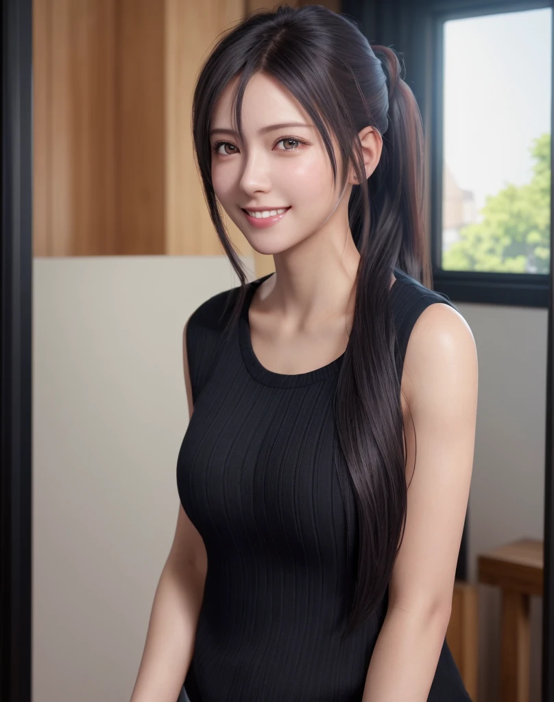 Best Quality, Ultra high definition, (Photorealistic:1.4),Sunset light, Ponytail, detailed photo, Smiling, Sexy, Black shirt, Facing Camera, (masutepiece: 1.3), (8K, Photorealistic, Best Quality), (1girl in), Beautiful face, (Realistic face), (Black hair, ...
