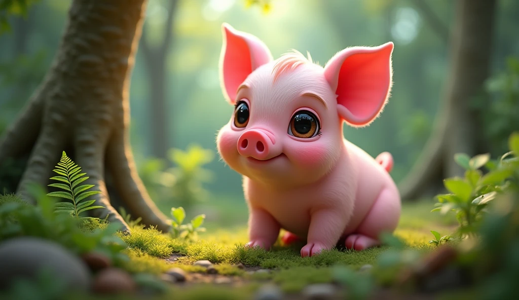 detailed pink pig, 1 baby pig, cute, small, forest background, 10cm size, mythical world, (best quality,4k,8k,highres,masterpiece:1.2),ultra-detailed,(realistic,photorealistic,photo-realistic:1.37),hyper realistic, Disney